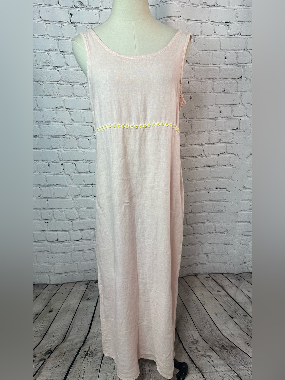 Allen Allen Linen Maxi Dress Size M Blush Pink Daisy Trim Made in USA Boho Y2K